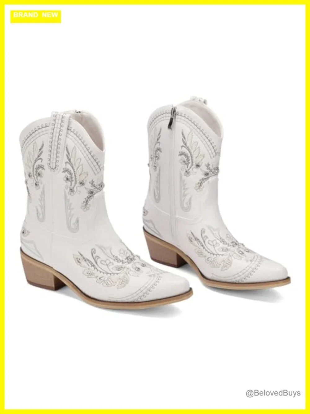 Rhinestone Embroidered Ankle Cowboy Boots Chunky Heel Western Booties